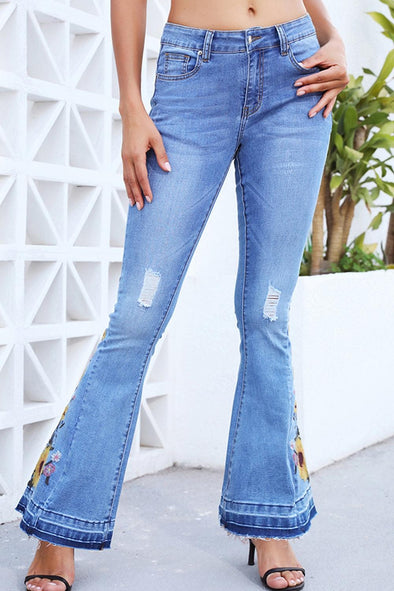 Chloe Flower Embroidery Distressed Wide Leg Jeans - Vestir en Moda