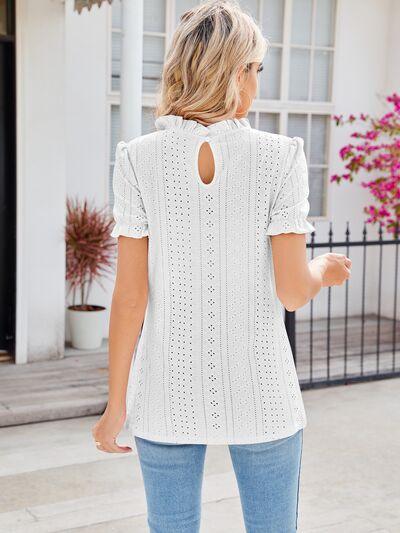 Alaia Eyelet Frill Mock Neck Flounce Sleeve Blouse