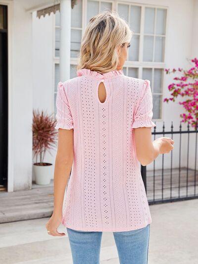 Alaia Eyelet Frill Mock Neck Flounce Sleeve Blouse