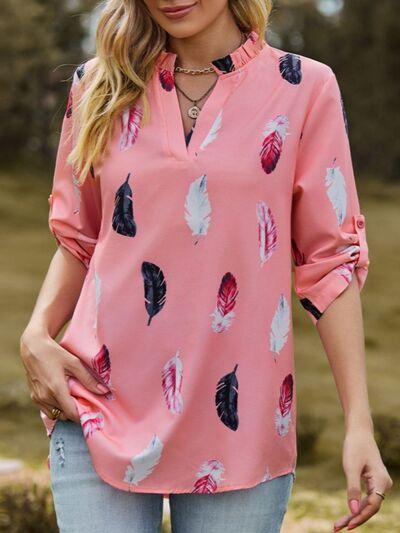 Aida Printed Frill Notched Roll-Tab Sleeve Blouse