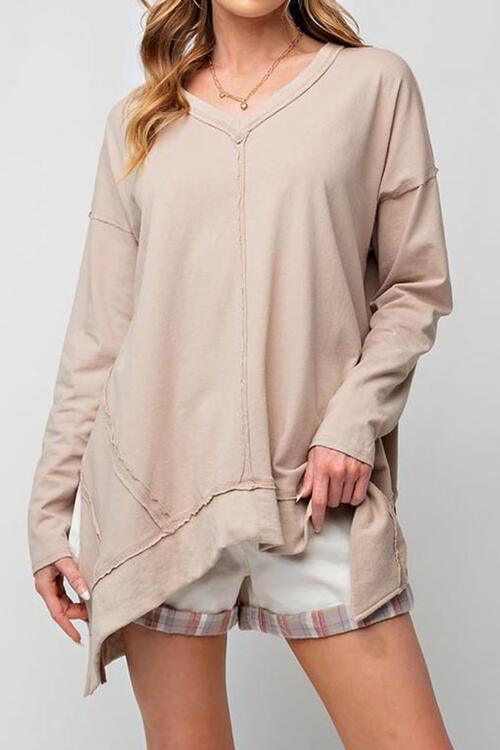Lily Exposed Seam V-Neck Long Sleeve Slit Sweater