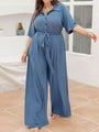 Dennise Plus Size Ribbed Half Button Tie-Waist Jumpsuits