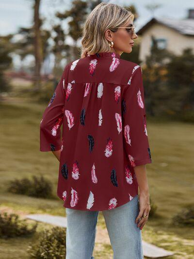 Aida Printed Frill Notched Roll-Tab Sleeve Blouse