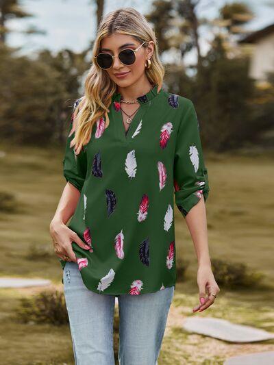 Aida Printed Frill Notched Roll-Tab Sleeve Blouse