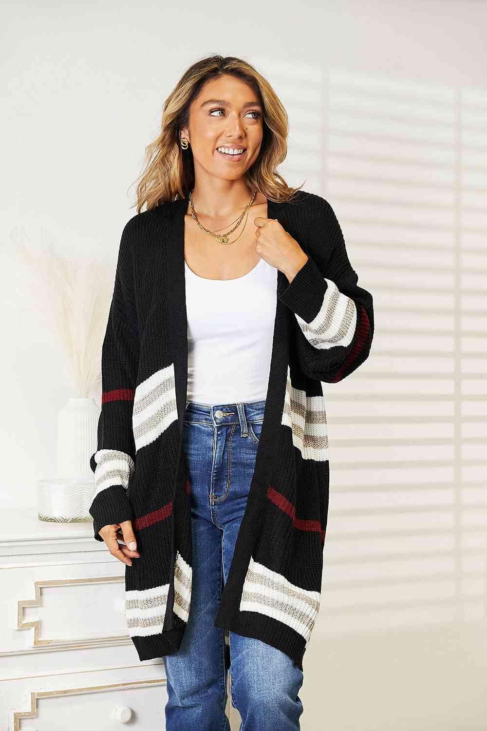 Elora Double Take Striped Shoulder Open Front Cardigan - Vestir en Moda