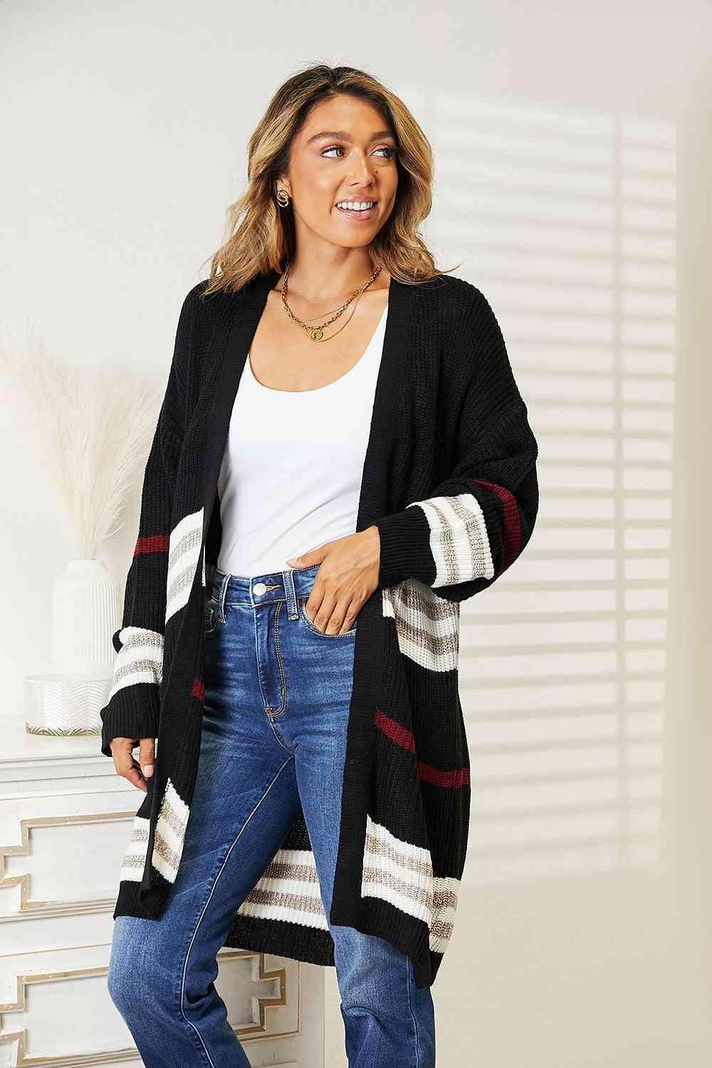 Elora Double Take Striped Shoulder Open Front Cardigan - Vestir en Moda