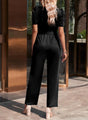 Esther Solid Classy Belted Puff Sleeve V-Neck Jumpsuit - Vestir en Moda