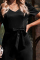 Esther Solid Classy Belted Puff Sleeve V-Neck Jumpsuit - Vestir en Moda