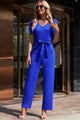 Esther Solid Classy Belted Puff Sleeve V-Neck Jumpsuit - Vestir en Moda