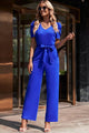 Esther Solid Classy Belted Puff Sleeve V-Neck Jumpsuit - Vestir en Moda