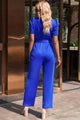 Esther Solid Classy Belted Puff Sleeve V-Neck Jumpsuit - Vestir en Moda
