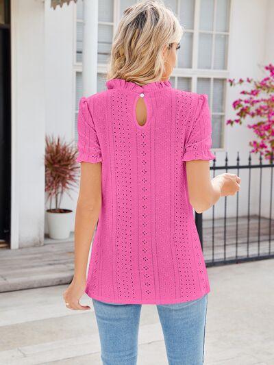 Alaia Eyelet Frill Mock Neck Flounce Sleeve Blouse