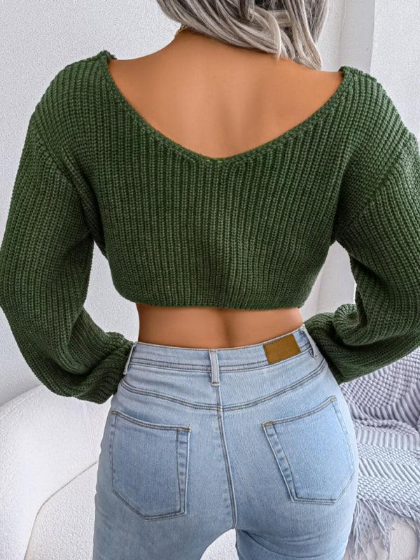 Garibanna Women's Long Sleeve Knotted Open Navel Knitted Sweater - Vestir en Moda