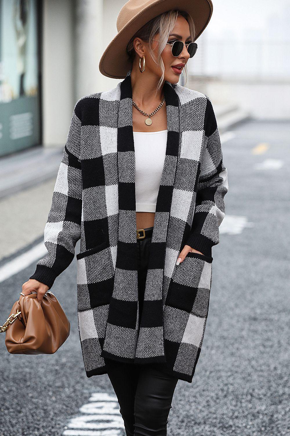 Haisley Plaid Dropped Shoulder Cardigan with Pocket - Vestir en Moda