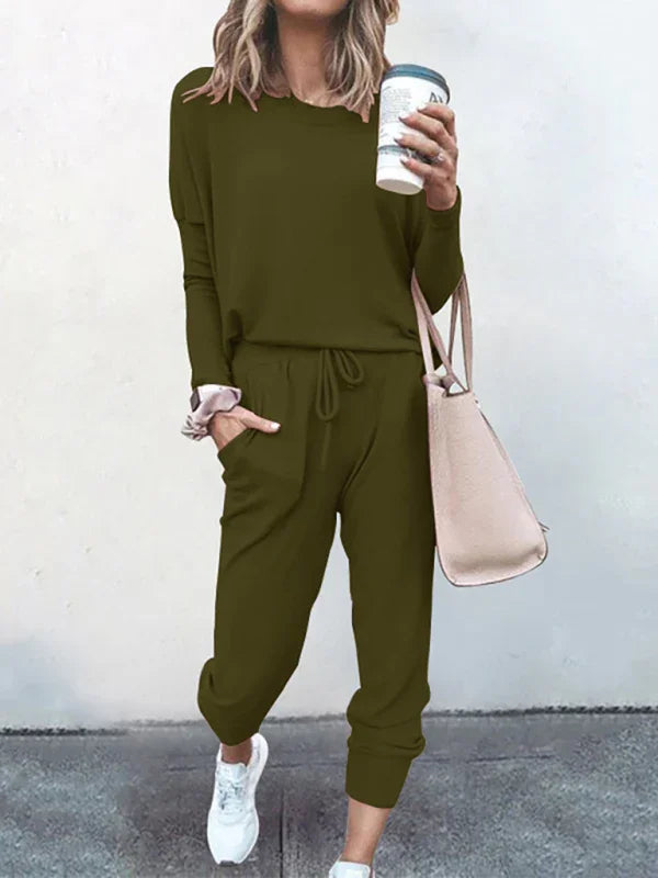 Sofia Women's Loose Solid Color Long Sleeve Casual Two pieces sets