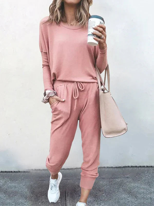 Sofia Women's Loose Solid Color Long Sleeve Casual Two pieces sets