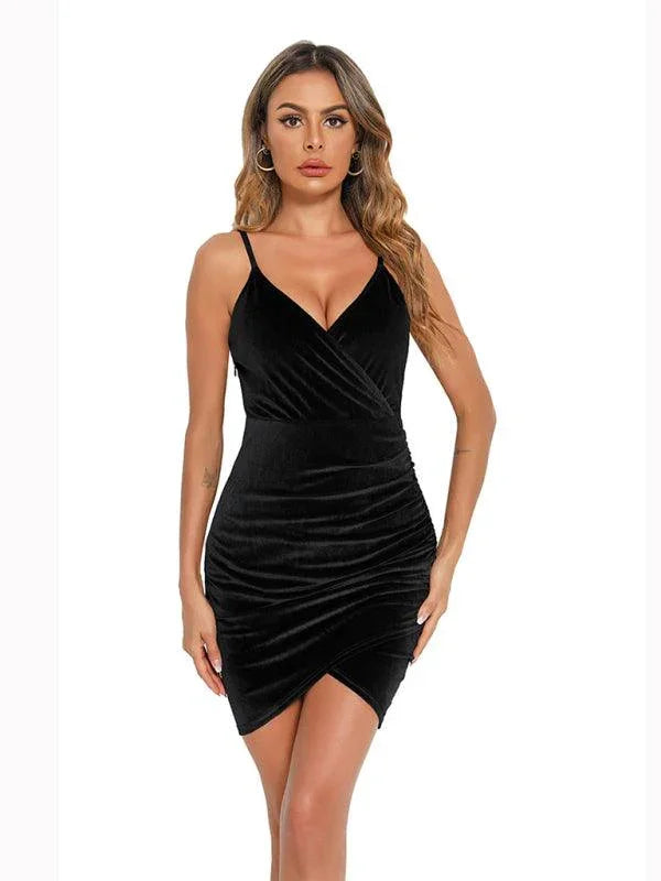Miley Deep V Neck Wrap Around Tieless Velvet Mini Dress - Vestir en Moda