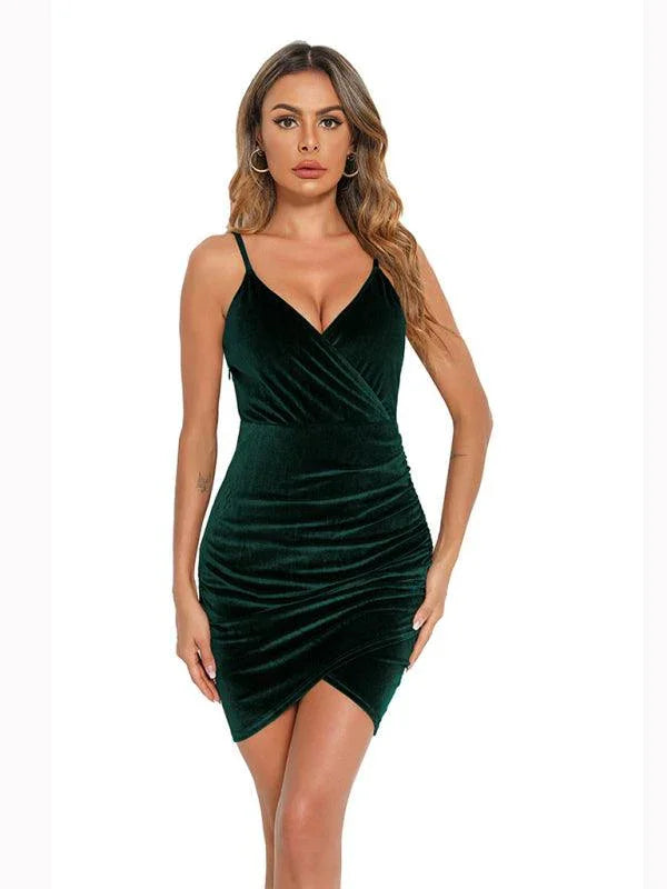 Miley Deep V Neck Wrap Around Tieless Velvet Mini Dress - Vestir en Moda
