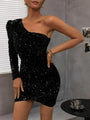 Kendra Solid Color Metallic Shimmer One Shoulder Neck Mini Dress - Vestir en Moda