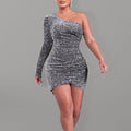 Kendra Solid Color Metallic Shimmer One Shoulder Neck Mini Dress - Vestir en Moda
