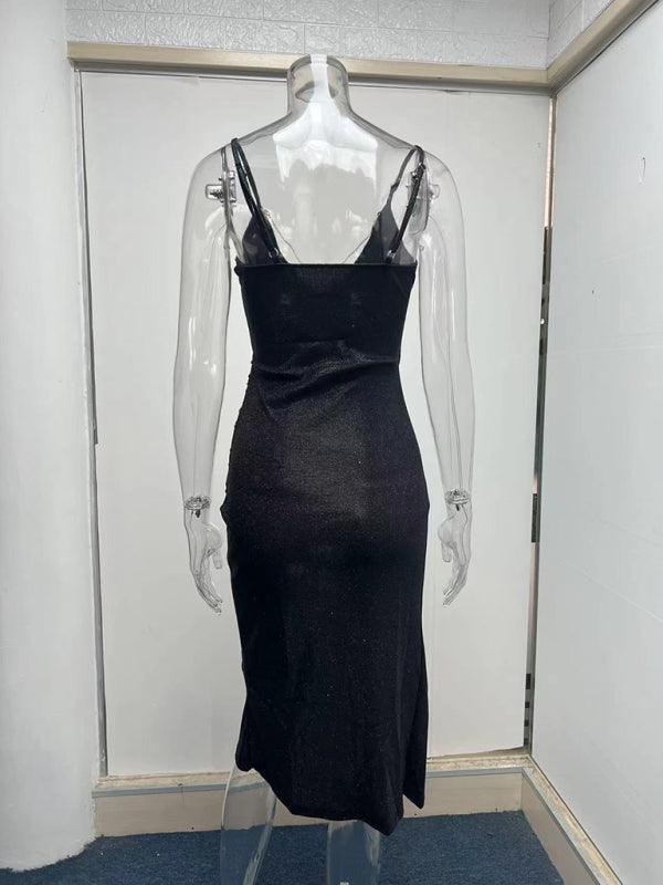 Marilyn Sexy Glitter High Slit Deep V Sling Dress - Vestir en Moda