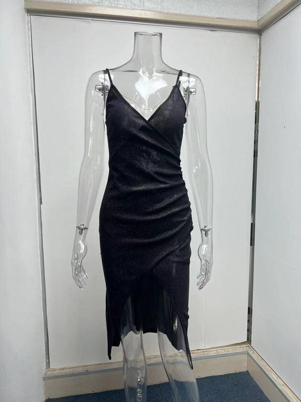 Marilyn Sexy Glitter High Slit Deep V Sling Dress - Vestir en Moda