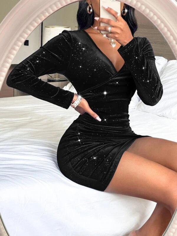 Novah Solid Color Long Sleeve Faux Wrap Velvet Mini Dress - Vestir en Moda