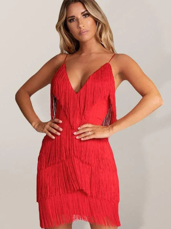 Theodora Sexy Tassel Stitching Backless Evening Deep V Neck Dress - Vestir en Moda
