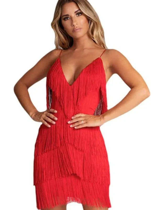 Theodora Sexy Tassel Stitching Backless Evening Deep V Neck Dress - Vestir en Moda