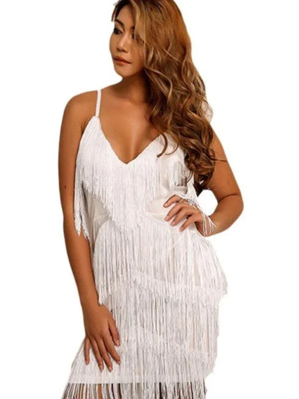 Theodora Sexy Tassel Stitching Backless Evening Deep V Neck Dress - Vestir en Moda
