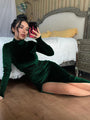 Coraline High Neck Long Velvet Slim Sexy Pleated Slit Dress - Vestir en Moda