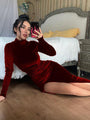 Coraline High Neck Long Velvet Slim Sexy Pleated Slit Dress - Vestir en Moda