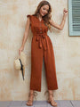 Luisa Women Solid Button Up Earring Sleeve Mid Waist Strappy Jumpsuits