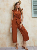 Luisa Women Solid Button Up Earring Sleeve Mid Waist Strappy Jumpsuits
