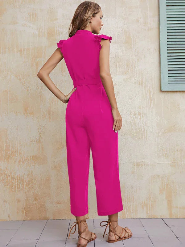Luisa Women Solid Button Up Earring Sleeve Mid Waist Strappy Jumpsuits