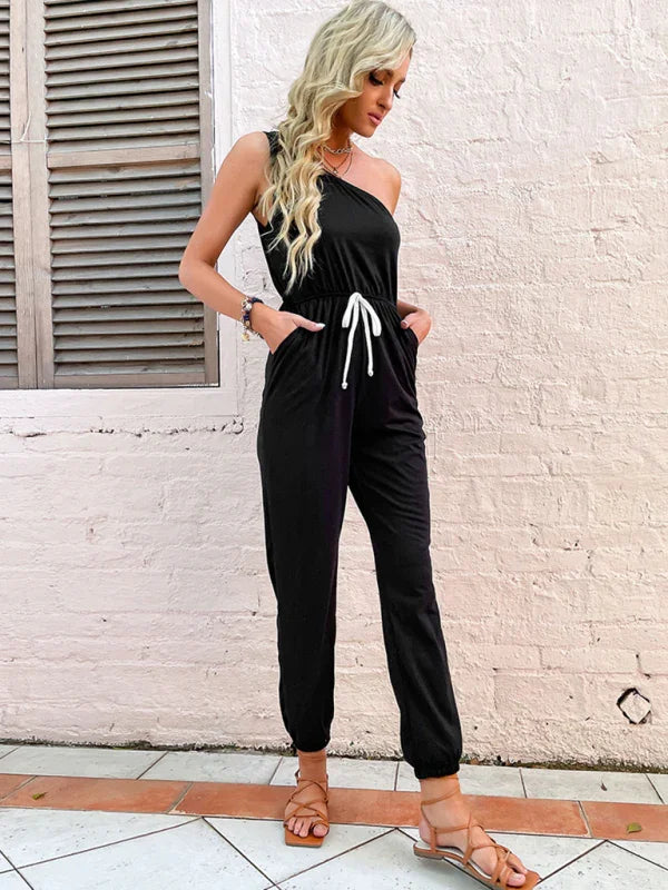 Sindy Women solid color one-shoulder suspender jumpsuits