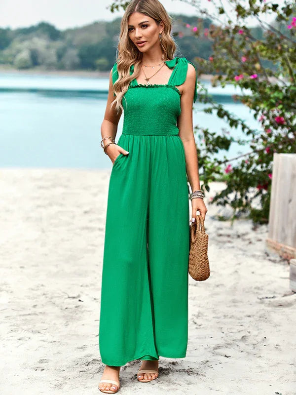 Gladis casual solid color high waist wrap chest suspender jumpsuits