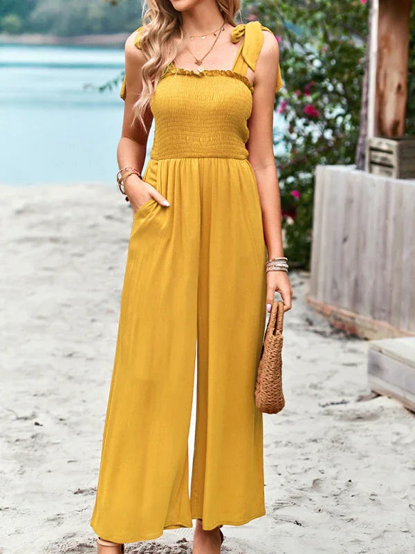 Gladis casual solid color high waist wrap chest suspender jumpsuits