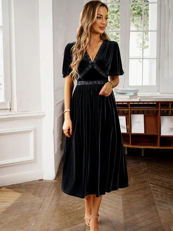 Isabella Elegant V Neck Short Sleeved Velvet Dress