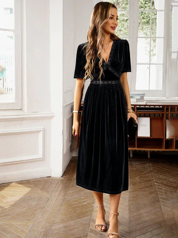 Isabella Elegant V Neck Short Sleeved Velvet Dress