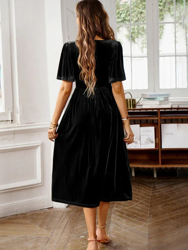 Isabella Elegant V Neck Short Sleeved Velvet Dress