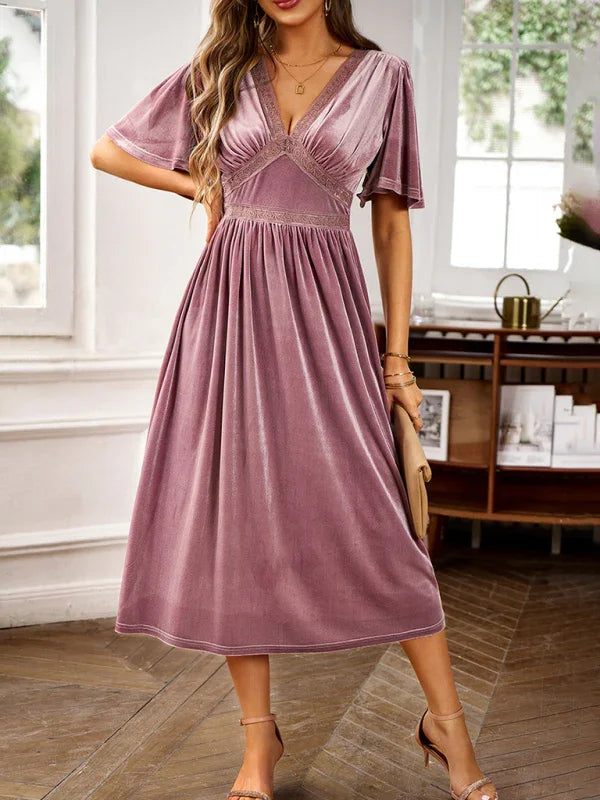 Isabella Elegant V Neck Short Sleeved Velvet Dress