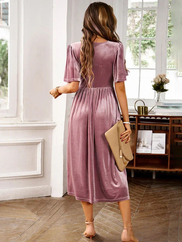 Isabella Elegant V Neck Short Sleeved Velvet Dress