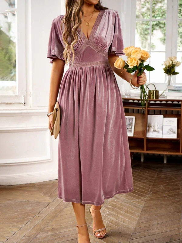 Isabella Elegant V Neck Short Sleeved Velvet Dress