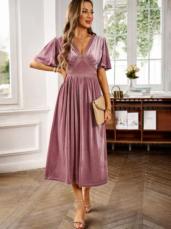 Isabella Elegant V Neck Short Sleeved Velvet Dress