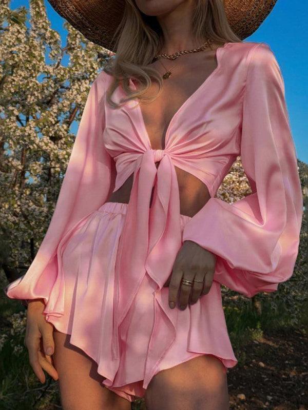 Aviana Lantern Sleeve Style Sexy Navel Two Pieces Sets - Vestir en Moda