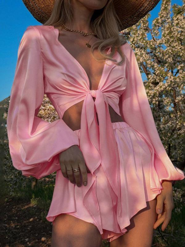 Aviana Lantern Sleeve Style Sexy Navel Two Pieces Sets - Vestir en Moda