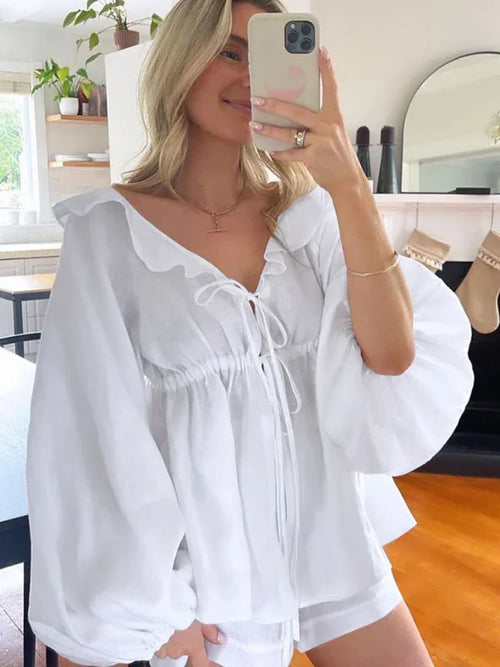 Alice New fashionable V-neck lace-up ruffled casual Two pieces sets