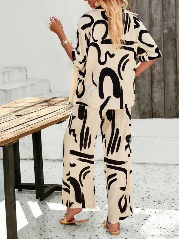 Olivia New women's casual fashion printed lapel Two pieces sets