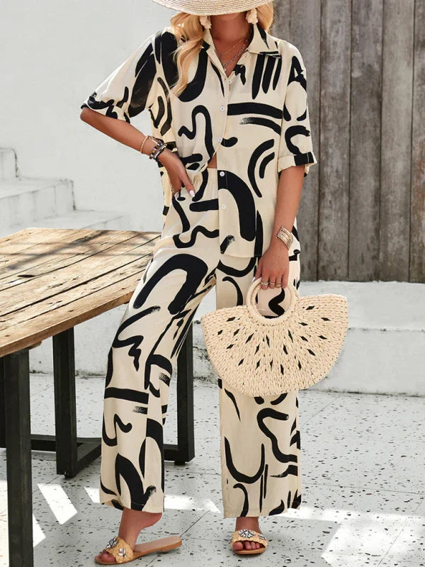 Olivia New women's casual fashion printed lapel Two pieces sets